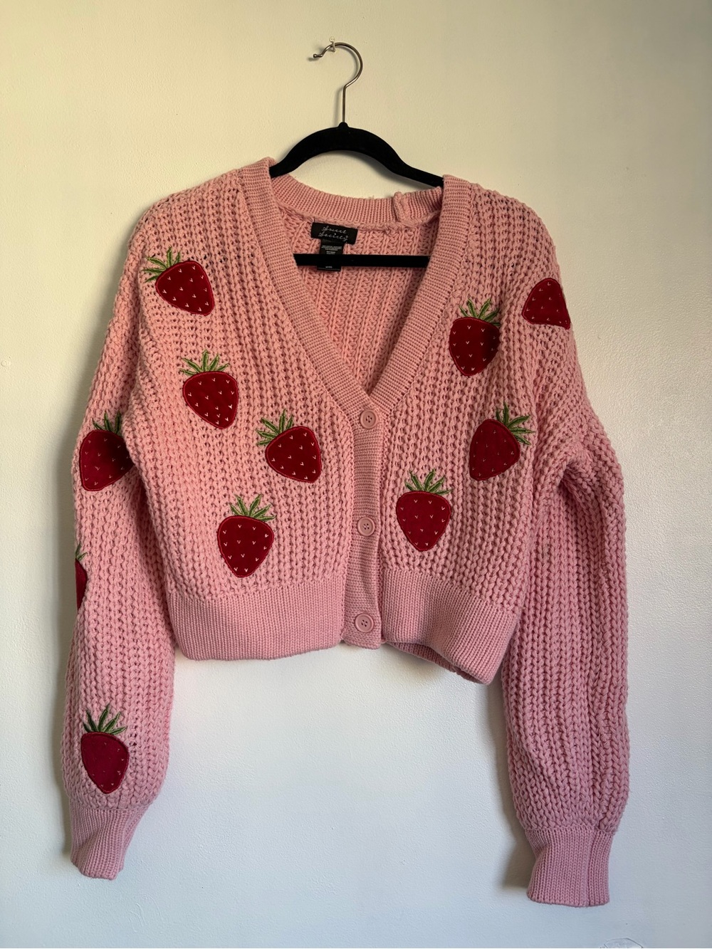Hot Topic Sweet Society Strawberry-Embroidered Pink V-Neck Cropped Cardigan